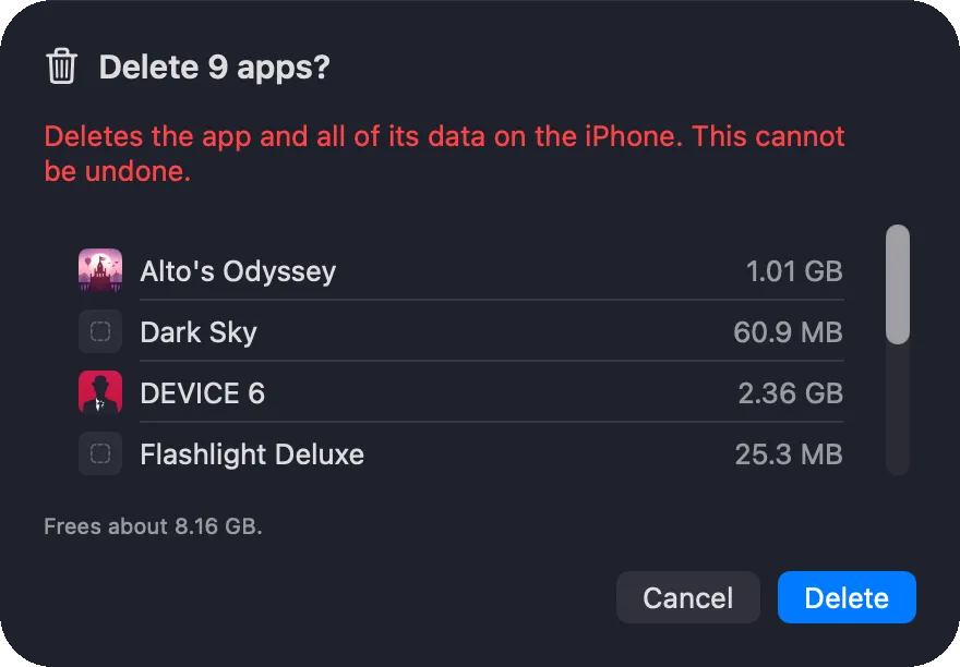 The confirmation sheet, "Delete 9 apps?", warning that each app and all of its data are deleted from the iPhone and that this cannot be undone. It lists the apps with their sizes, says it frees about 8.16 GB, and offers Cancel and Delete.