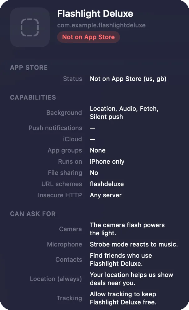 AppSheriff inspector for Flashlight Deluxe, an app no longer on the App Store, listing prompts for location (always), tracking, contacts, microphone and camera with their reasons, four background modes and insecure HTTP to any server.