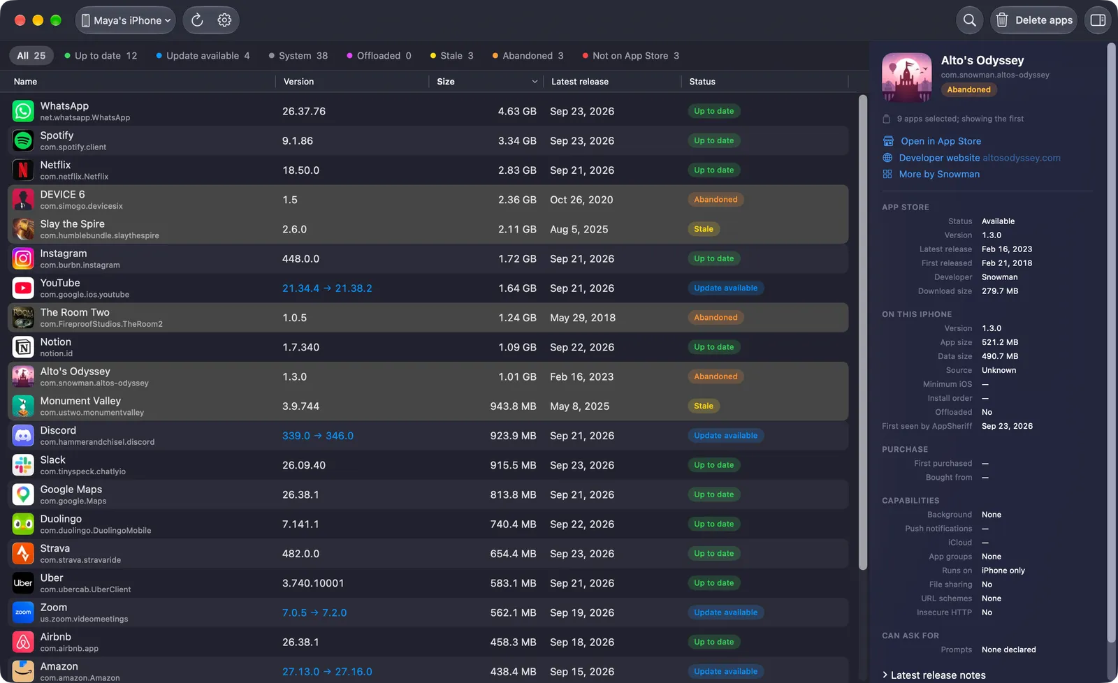 The same list with 9 apps selected for deletion, among them DEVICE 6, The Room Two and Alto's Odyssey, marked Abandoned, and Slay the Spire and Monument Valley, marked Stale.
