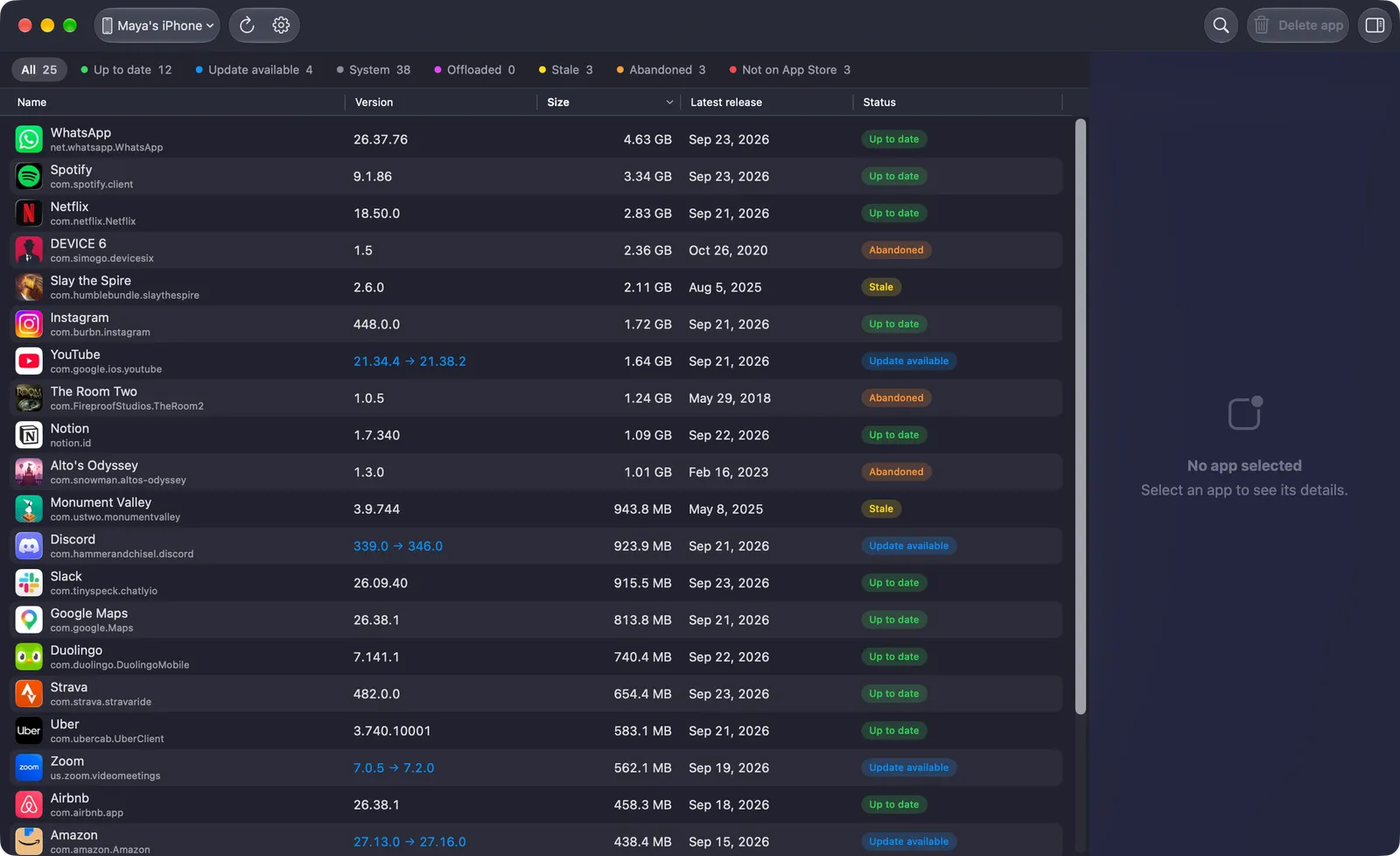 AppSheriff listing the apps on Maya's iPhone by size, largest first: WhatsApp at 4.63 GB, then Spotify and Netflix, each row with its version, latest release date and status.